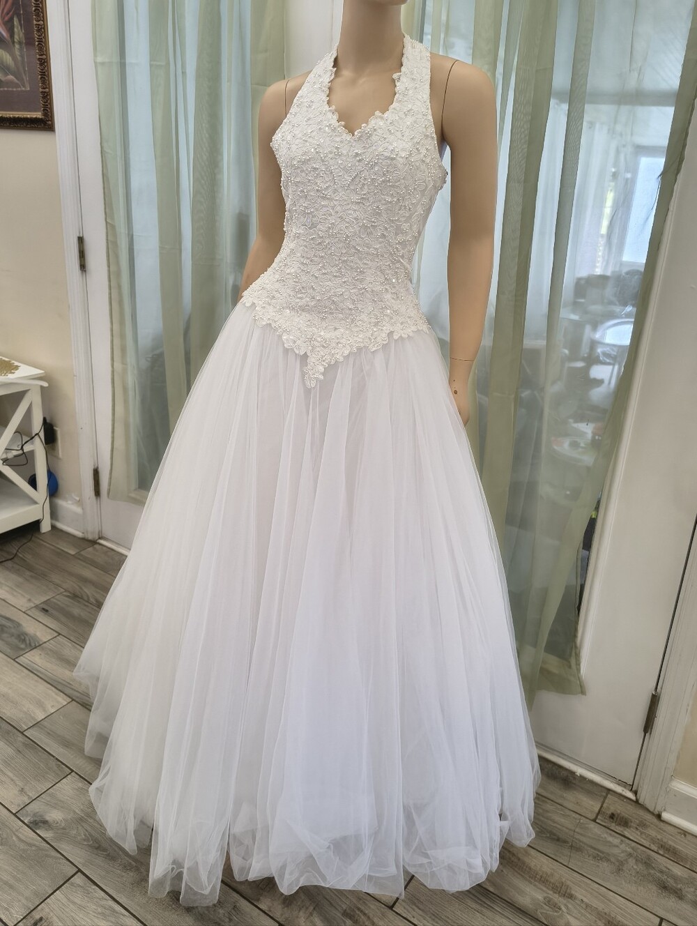 White Lace Halter Wedding Ball Gown Dress